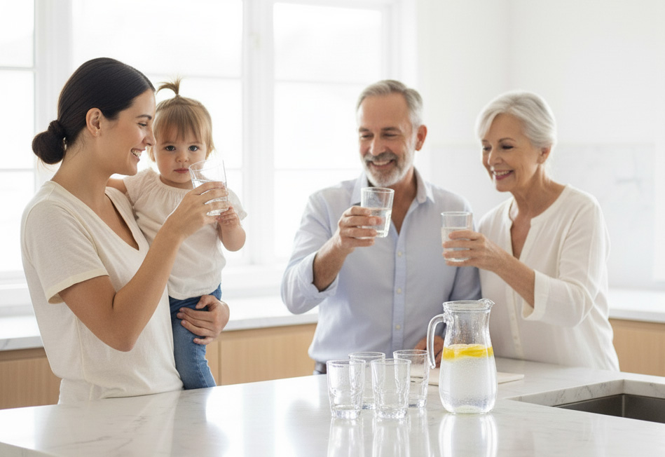 Happy family enjoying clean, filtered water together