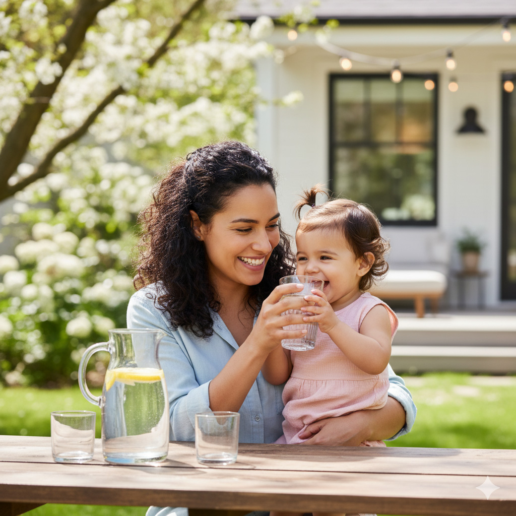 Mother and baby enjoying pure, clean water at home